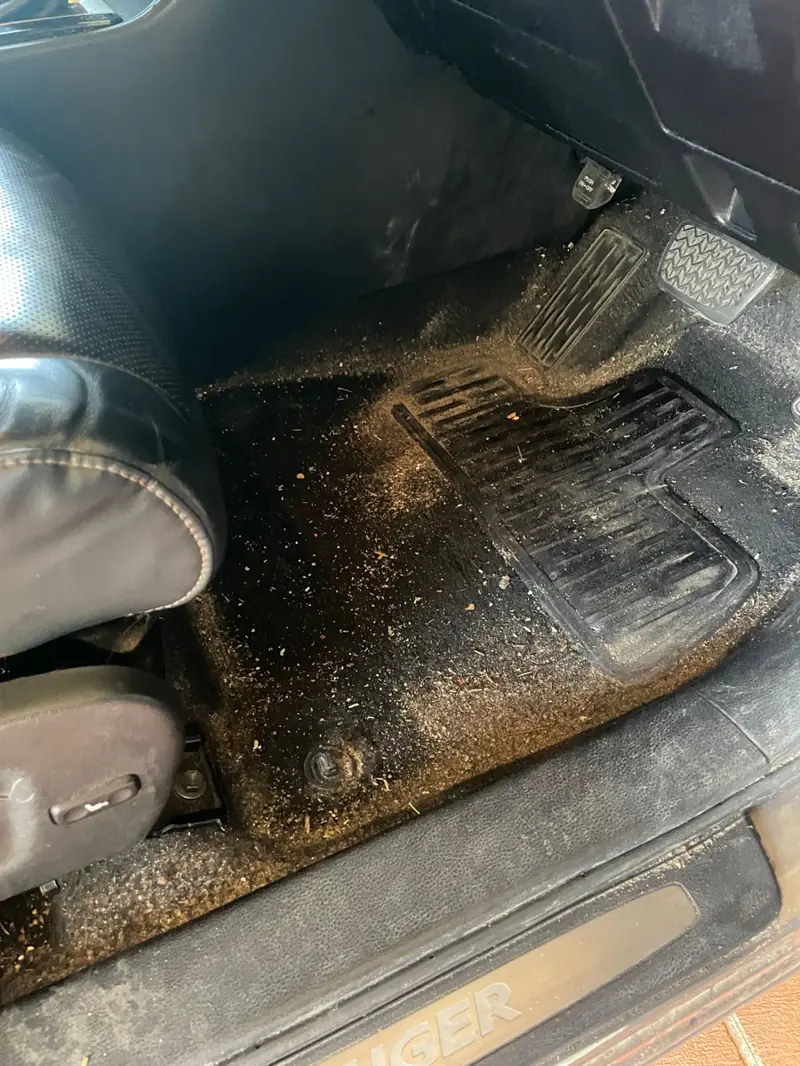 Car detailing in Shellharbour: muddy front floor mat before a detail